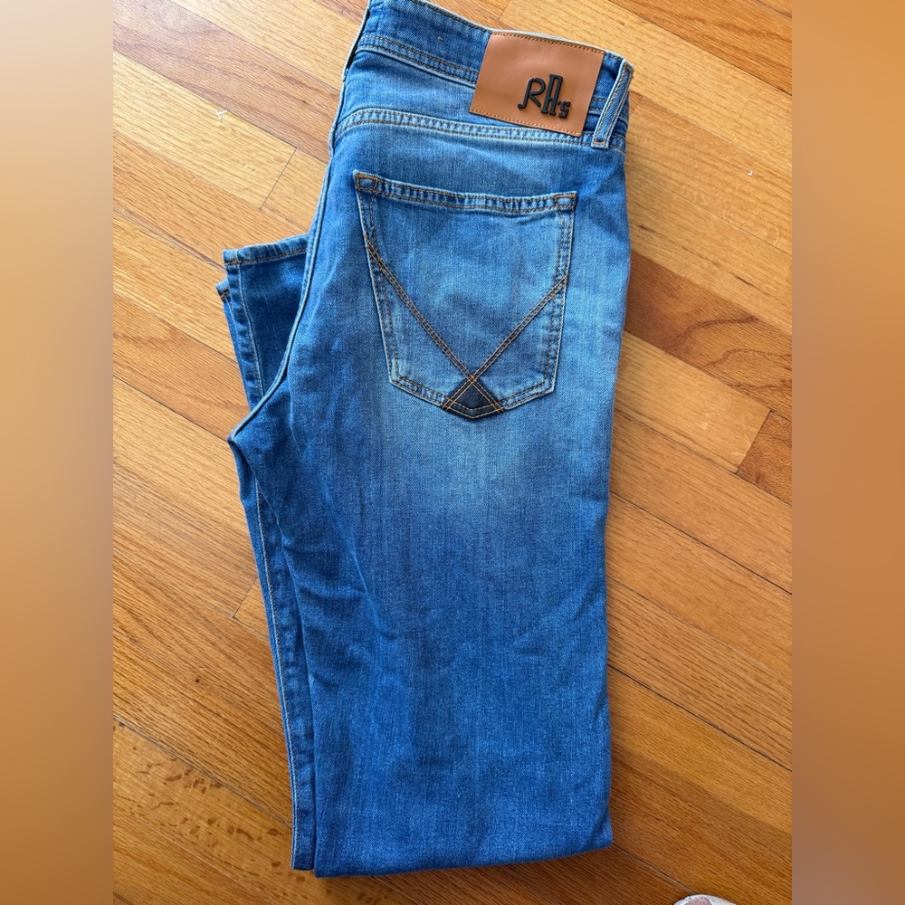 Italy made Roy Rogers Men’s Slim Jeans in Medium Blue with Tan Patch